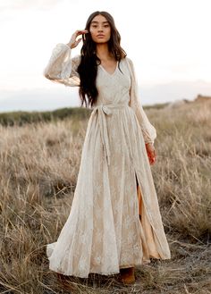 Haley Dress in Sand - Joyfolie Long Sleeve Boho Lace Dress, Boots And Boho Dress, Fall Boho Dress Wedding, Dresses To Wear To Photo Shoot, Boho Bridal Party Dresses, Family Pictures Beach Mauve Dress, Long Sleeve Boho Dress Long, Fall Dresses With Boots Maxi, Fall Winter Engagement Shoot Dress