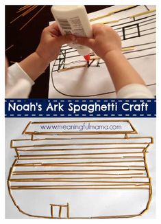 a person is holding a book over a wire rack with music notes on it and the words noah's ark spaghetti craft