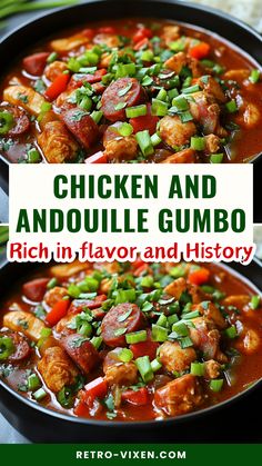 chicken and andoulie gumbo recipe in a skillet with the title overlay