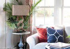 a living room filled with furniture and lots of plants on top of it's windowsill