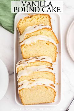 a loaf of vanilla pound cake with icing on top and the title above it