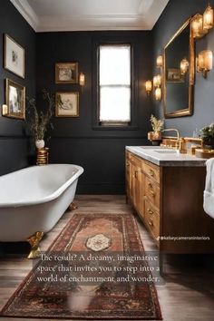 a bathroom with black walls and gold accents