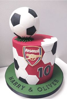 a soccer themed birthday cake on top of a table