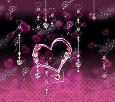 hearts and beads hanging from chains on a pink background