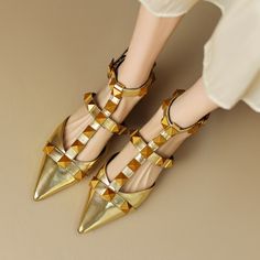 Leather T Strap Rockstud Ankle-strap Flat Sandals Point Toe Slingback in Golden/Beige/Black Shoes Details, Ankle Strap Sandals Flat, Oxford Boots, Ankle Strap Flats, Low Block Heels, Unique Beauty, Western Cowboy Boots, Flat Boots, Rubber Heels