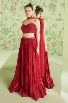 Shop for Sanjev Marwaaha Red Sequin Work Choli Lehenga Set for Women Online at Aza Fashions Red Lehenga Sleeveless, Choker Dupatta, Red Skirt Outfits, Western Lehenga, Red Colour Dress, Lehenga Bridesmaid, Red Lehenga Choli, Unique Bridesmaid Dresses, Sangeet Outfit