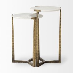 two side tables with marble tops and gold metal bases, one on the other side