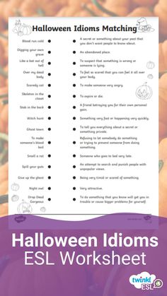 Halloween idiom worksheet to help ESL students learn about spooky English idioms. Students should match the idiom to the correct meaning, Designed by TEFL teahcers. Halloween English Activities, Idioms Worksheet, Halloween Elementary, Matching Card Game, Halloween Teaching, Halloween Lesson, Halloween Worksheets, English Teaching Resources, Holiday Lessons