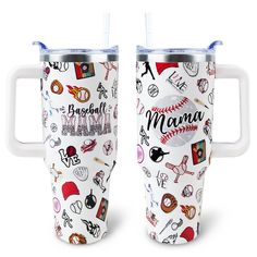 two travel mugs with different sports related items on them