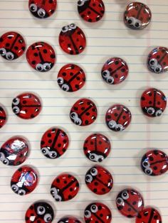 ladybug magnets are arranged on lined paper