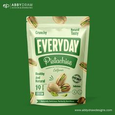 a bag of everyday pistachios on a green background