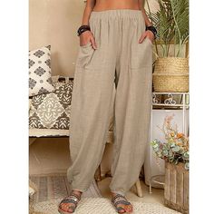 Women's Baggy Pants Harem Pants Linen Cotton Blend Pocket Black Summer 2024 - CAD $36.99 Trousers Women Casual, Cotton Harem Pants, Casual Linen Pants, Cotton Casual Pants, Cotton Linen Pants, Linen Casual, Baggy Pants, Pantalon Large, Pant Style