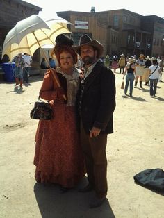 With producer Bob Burhl at Melody Ranch studios, he's in a waistcoat of my design and an antique coat from my museum collection. I'm in an 1888 ensemble of antique silk sateen and velvet with a brocaded linen bustled skirt and original (restored) chapeau. Bustle Skirt, Museum Collection, My Design, Velvet