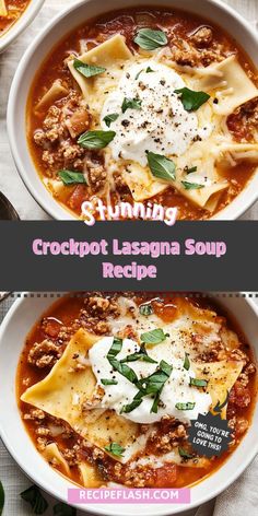 two bowls of crockpot lasagna soup with spinach and cheese on top