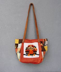 Woodland Owl Bag - Vintage Embroidery, Sunny Orange Colors, Patchwork and Leather Bag. Woodland Owl, Owl Bag, Small Scissors, Embroidery Scissors, Vintage Embroidery, Bag Vintage, Iron On Patches, Orange Color, Bucket Bag