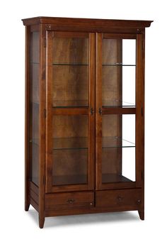 a wooden display case with glass doors on the front and bottom shelves, in dark wood