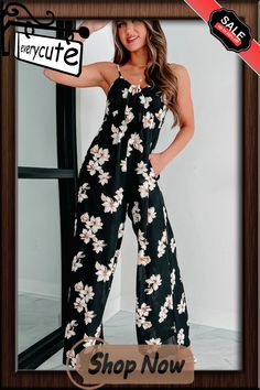 Black Tie Decor V Neck Floral Wide Leg Jumpsuit Tie Decor, Wide Leg Jumpsuit, Black Tie, Pajamas, Wide Leg, Jumpsuit, Rompers, V Neck, Floral