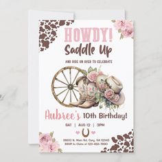 a pink and brown floral birthday party card with an old fashioned wheel on the front