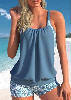 Color:Dusty Blue;Size:S;Size:M;Size:L;Bra Style:Padded;Support:Wire Free;Pad Style:Removable;Strap Style:Adjustable;Package Contents:1 X Top , 1 X Shorts;Occasion:Sport; Pink Tankini, Blue Tankini, Tankini With Shorts, Blue Outfits, Hawaii Outfits, Swimming Suits, Trendy Swimsuits, Over 60 Fashion, Printed Tankini