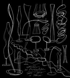 a black and white drawing of vases and other objects on a table with writing underneath