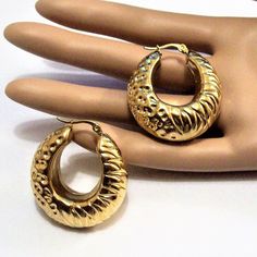 24k Gold Plated Thick Band Hoops Pierced Post Earrings Hypoallergenic Stainless Steel 40mm Long Real 24k Gold Plated Hoop Earrings Pierced Post Earrings Textured Decorative Ribbed Pebbled Design Stainless Steel, Hypoallergenic Condition: Excellent, Never Worn Size: 40mm = Almost 1 1/2" Long 35mm = 1 3/8" Wide 10 To 14mm = Up To 5/8" Wide Graduated Band Pin: 0.8mm Gold Hypoallergenic Hoop Earrings For Formal Occasions, Formal Gold Hypoallergenic Hoop Earrings, Hypoallergenic Gold Hoop Earrings For Formal Events, Gold Teardrop Hoop Earrings For Anniversary, Formal Gold Plated Nickel Free Hoop Earrings, Formal Gold Plated Nickel-free Hoop Earrings, Formal Gold-plated Nickel-free Hoop Earrings, Formal Nickel-free Gold-plated Hoop Earrings, Elegant Gold Hoop Earrings Cadmium-free