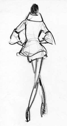 a drawing of a woman in a dress with her hands on her hips, looking back