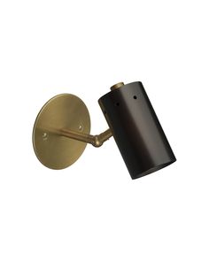 a black and gold wall light on a white background with one arm pointing up to the ceiling