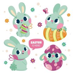 three cartoon rabbits with easter eggs and flowers