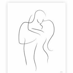 a black and white line drawing of a man hugging a woman's head in his arms