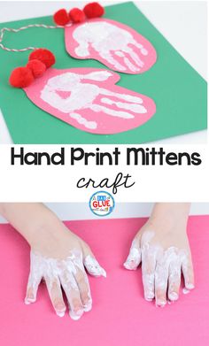 handprint mittens made with white paint and red pom - poms