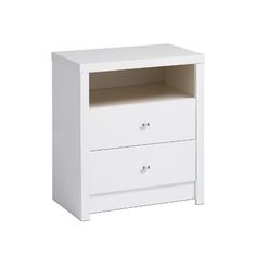 a white night stand with two drawers on one side and an open drawer on the other