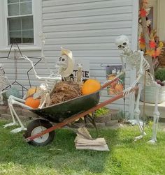 halloween decorations with skeletons and pumpkins in a wheelbarrow on the front lawn