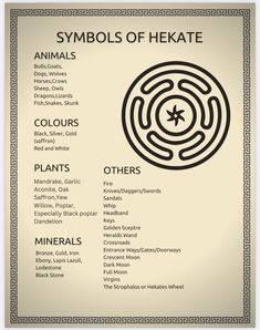 the symbols of hekate are shown in this black and white poster with text