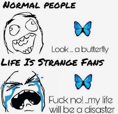 an image of two different faces and one has butterflies on it, the other says normal people look a butterfly life is strange fans