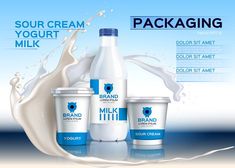 milk and yogurt packaging design with splashing milk on the blue sky background