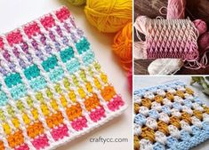 crocheted granny afghans are shown in three different colors and patterns, one is multicolored