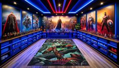 a room filled with lots of superhero action figures on the walls and floor, surrounded by blue lighting