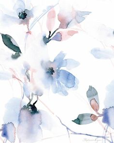 watercolor painting of blue and pink flowers