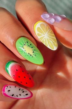 Watermelon Nail Designs, Fruit Nail Designs, Fruit Nails, Fruit Nail, Lemon Nails, Fruit Nail Art, Watermelon Nails, Summer Nail Designs, Cute Nail Art Designs