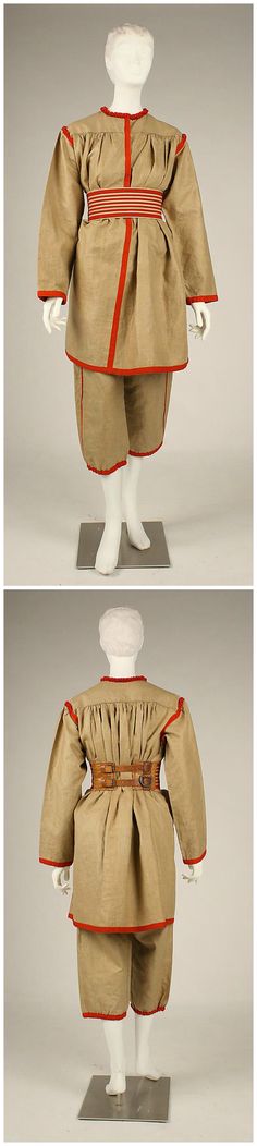 Gym suit, French, c. 1896, Metropolitan Museum of Art. Linen, cotton, leather, metal. Victorian Sportswear, 1890 Fashion, Historical Garments, Promenade Dress, Steampunk Inspiration, Hand Rose, Sports Costume, Modern Costumes