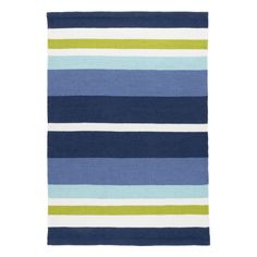 a blue and green striped rug on a white background