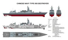 the chinese navy type 65 destroyerer is shown in three different views, including an upper deck and lower deck