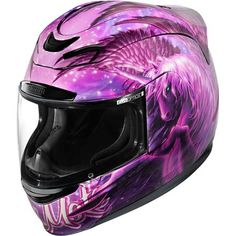 the helmet is painted with pink and purple designs