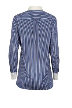 Get ready to jazz up your office wardrobe with this chic button-down dress shirt from Theory! Featuring blue with red and white stripes, a white collar and cuff, and a fun feminine twist on menswear, this shirt is a modern minimalist dream. Perfect for spring and on-trend with its playful stripes, this is one piece you won't want to miss out on! Size P Shell 100% Cotton Trim 72% Cotton, 23% Nylon, 5% Spandex Collared neckline Button down closure in front One pocket on bust Button closure on wris Elegant Blue Tops With Striped Collar, Blue Office Shirt With Striped Collar, Blue Shirt With Striped Collar For Office, Blue Collared Blouse With Striped Collar, Chic Blue Business Shirt, Blue Preppy Shirt For Workwear, Preppy Blue Shirt For Work, Blue Preppy Shirt For Work, Formal Button-up Blouse With Striped Collar