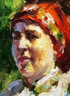 an oil painting of a woman wearing a red head scarf and green leaves in her hair