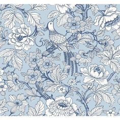 a blue and white floral wallpaper with birds in the center, surrounded by flowers