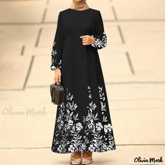 Olivia Mark - Abaya Positional Print Long Sleeve Dress with Belt Muslim Dress, Abaya Dress, Floral Print Midi Dress, Long Sleeve Print Dress, Crewneck Dress, Sleeve Maxi Dress, Long Sleeve Turtleneck, Midi Dress With Sleeves, Beautiful Hijab