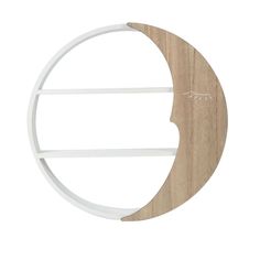 a wooden and white crescent shaped shelf with two shelves on each side, in the shape of a half moon