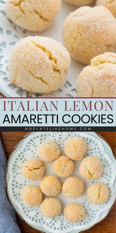 italian lemon amaretti cookies on a white plate with the title above it in red text