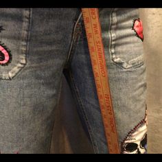 Free People Size 29 Carpenter Jeans. We Embellished With Hand Embroidery, Appliques, And More. Truly Ooak! Sugar Skull, Sacred Heart. Good Vibes To All ;-) Jeans Custom, Carpenter Jeans, Free People Pants, Sacred Heart, Sugar Skull, Appliques, Good Vibes, Hand Embroidery, Pant Jumpsuit